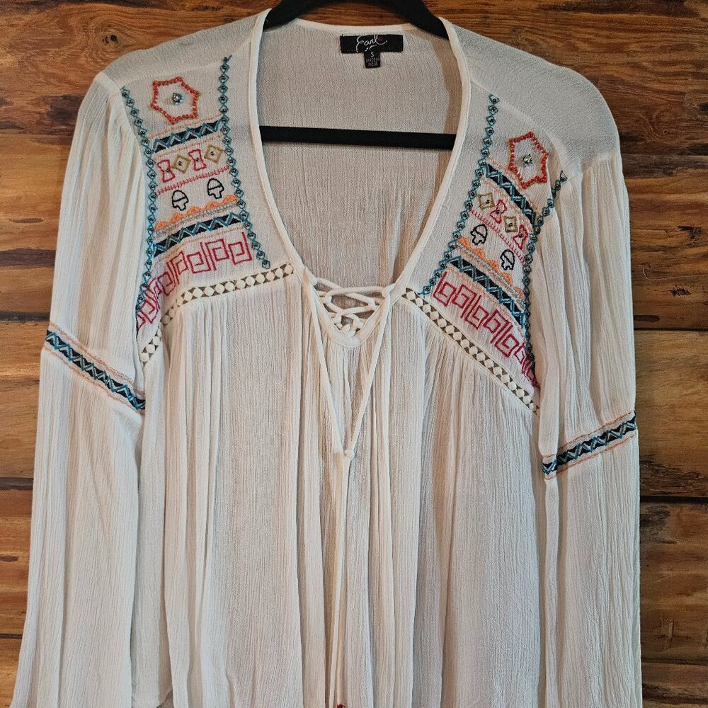 White Flowy Long Sleeve Shirt With Unique Stitch Pattern